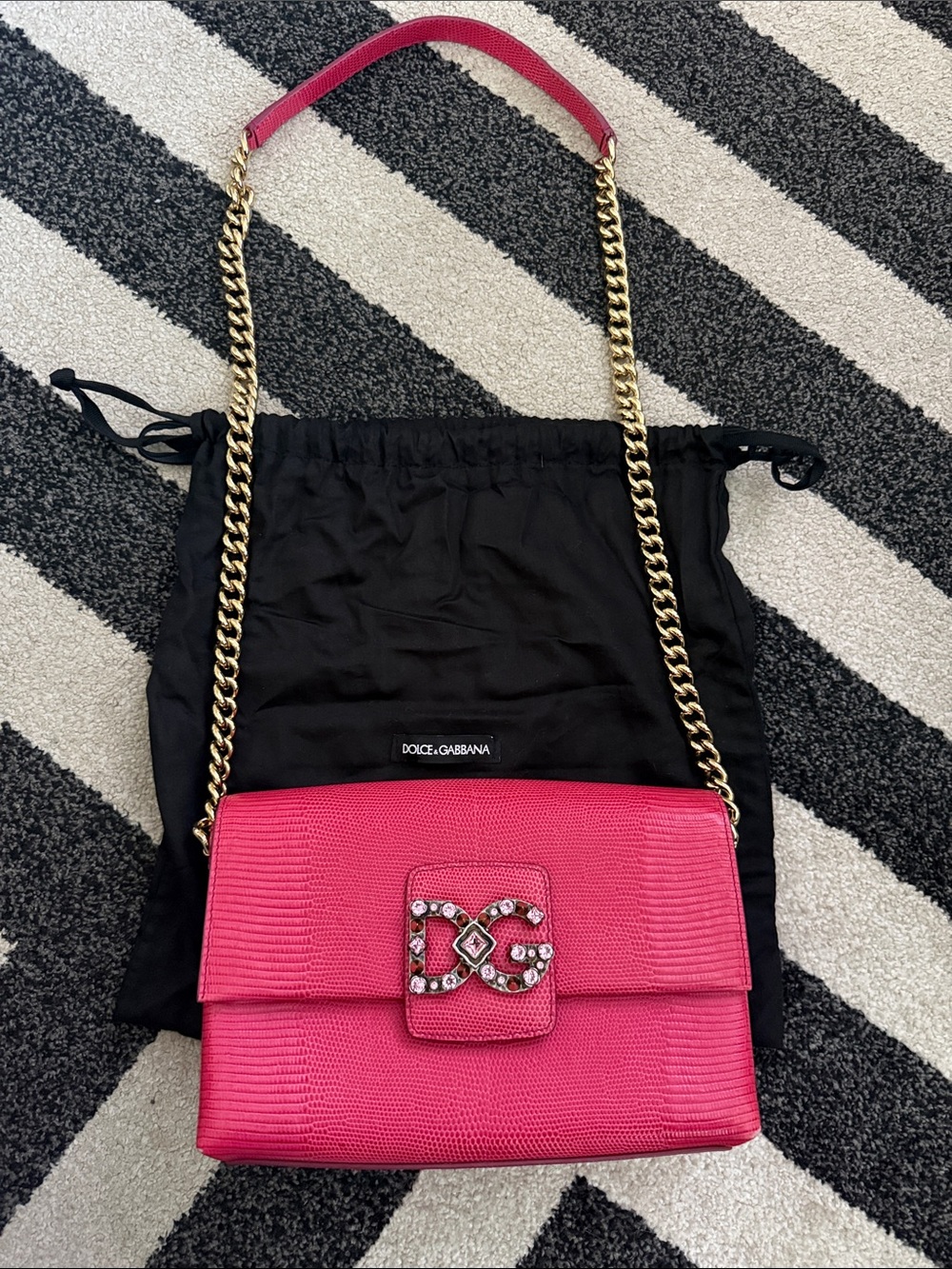 Dolce & Gabbana Hot Pink Jeweled DG Shoulder Bag with Gold Chain